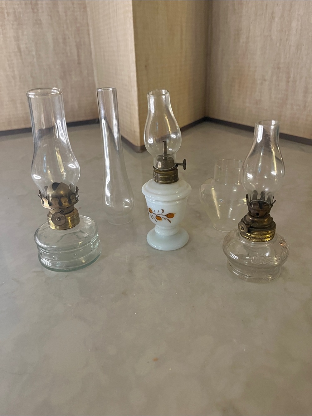 Lot of 3 Vintage Mini Glass Hurricane Oil Lamps and 2 hurricanes
